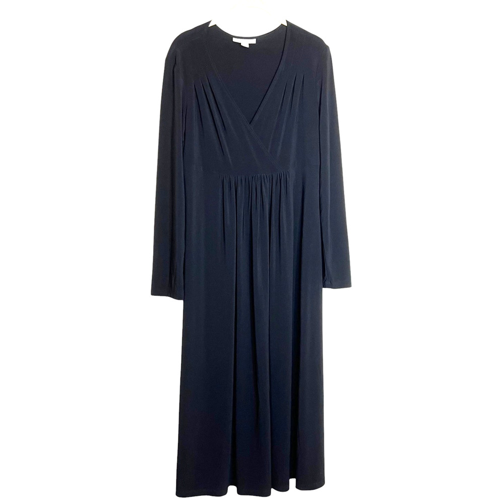 Coldwater Creek Womens Midi Dress Size 12 Black Long Sleeve V-Neck Pleated Waist